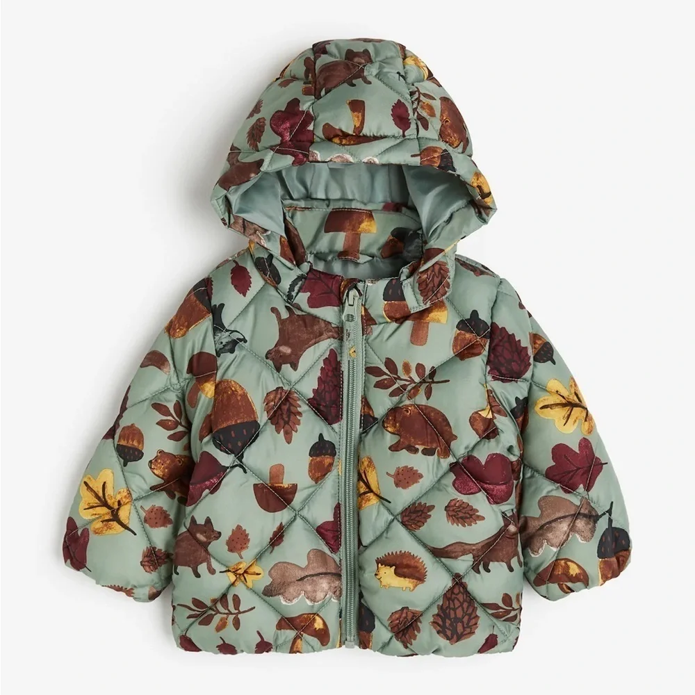 H&M puffer jacket hooded quilted baby boy unisex toddler sage forest animals